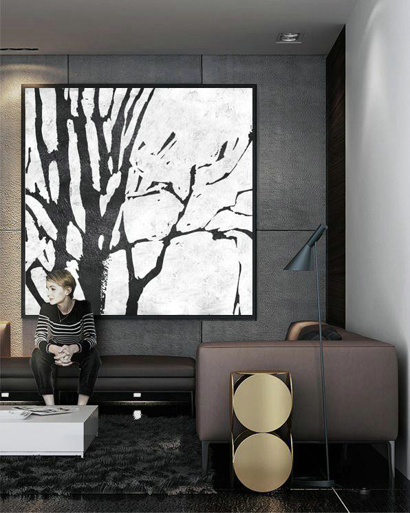 Living Room Wall Art,Oversized Minimal Black And White Painting - Canvas Artwork For Sale